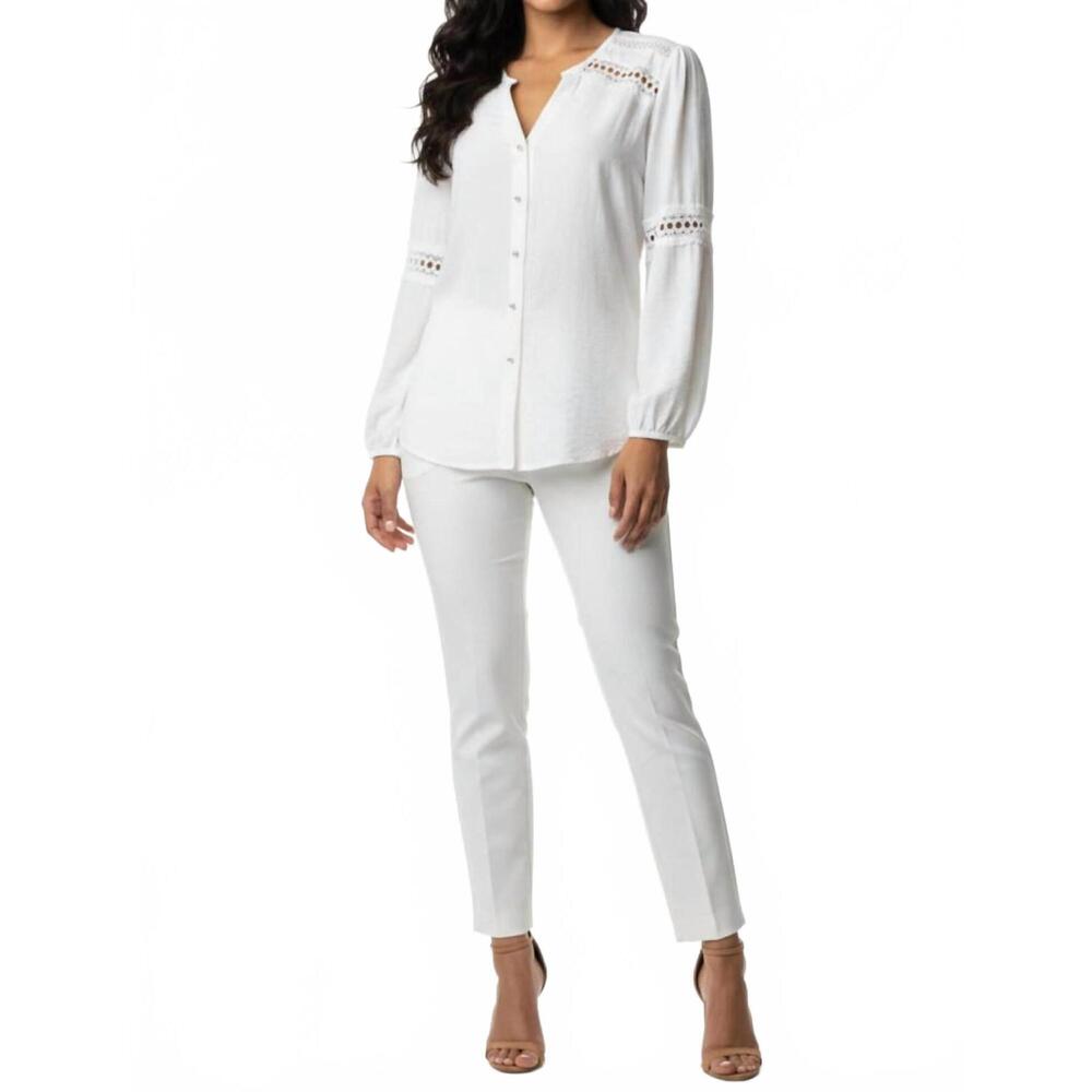 NEW HESTER & ORCHARD lace-trim split neck button-down blouse in white